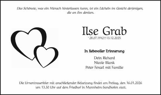 Traueranzeige von Ilse Grab von Mannheimer Morgen