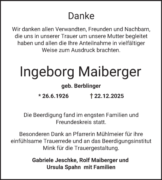 Traueranzeige von Ingeborg Maiberger von Bergsträßer Anzeiger