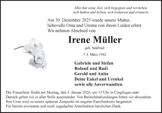 Traueranzeige von Irene Müller von Fränkische Nachrichten