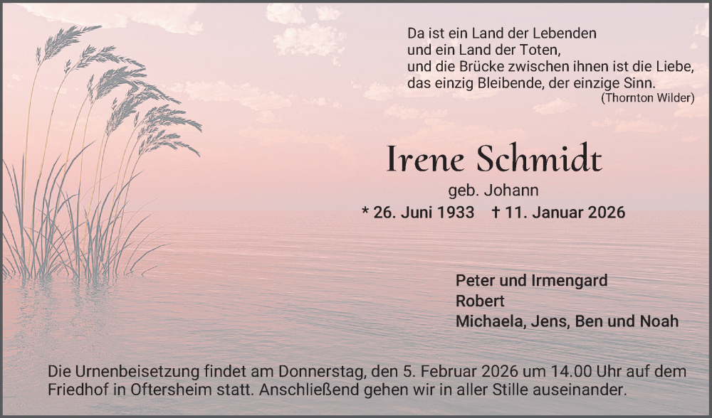  Traueranzeige für Irene Schmidt vom 31.01.2026 aus Schwetzinger Zeitung