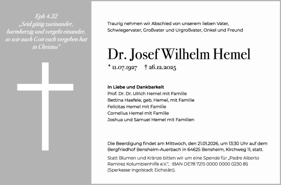 Traueranzeige von Josef Wilhelm Hemel von Mannheimer Morgen