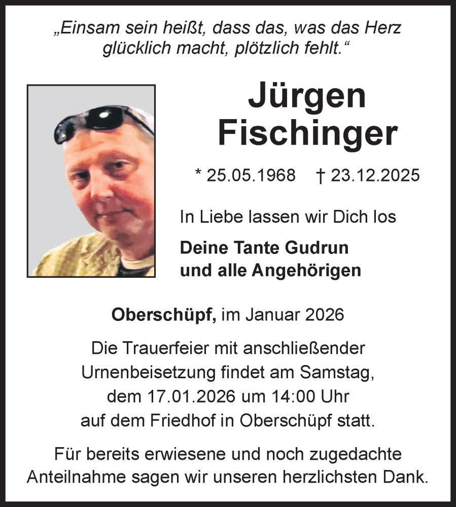 Traueranzeige für Jürgen Fischinger vom 12.01.2026 aus Fränkische Nachrichten