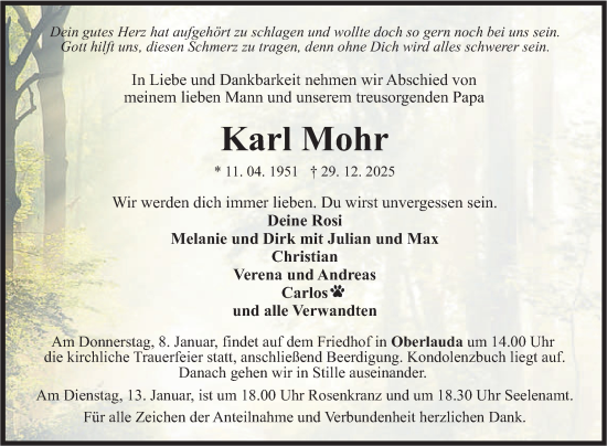 Traueranzeige von Karl Mohr von Fränkische Nachrichten