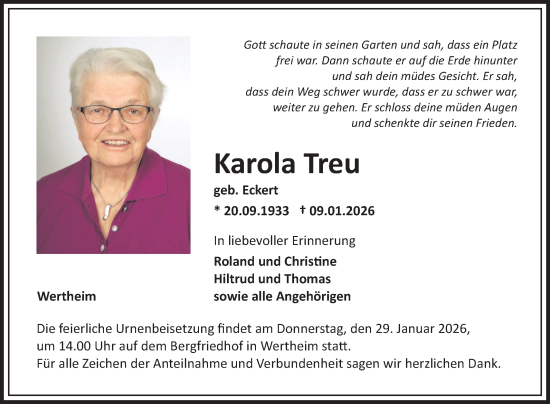 Traueranzeige von Karola Treu von Fränkische Nachrichten
