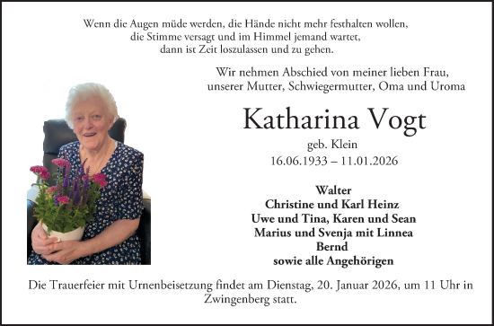 Traueranzeige von Katharina Vogt von Bergsträßer Anzeiger
