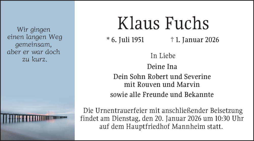  Traueranzeige für Klaus Fuchs vom 10.01.2026 aus Mannheimer Morgen