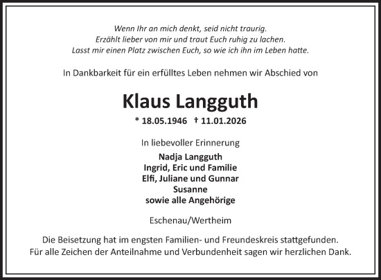 Traueranzeige von Klaus Langguth von Fränkische Nachrichten