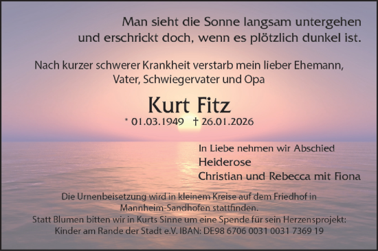 Traueranzeige von Kurt Fitz von Mannheimer Morgen