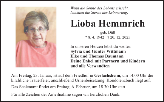 Traueranzeige von Lioba Hemmrich von Fränkische Nachrichten