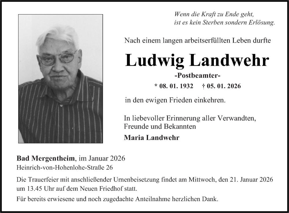  Traueranzeige für Ludwig Landwehr vom 14.01.2026 aus Fränkische Nachrichten