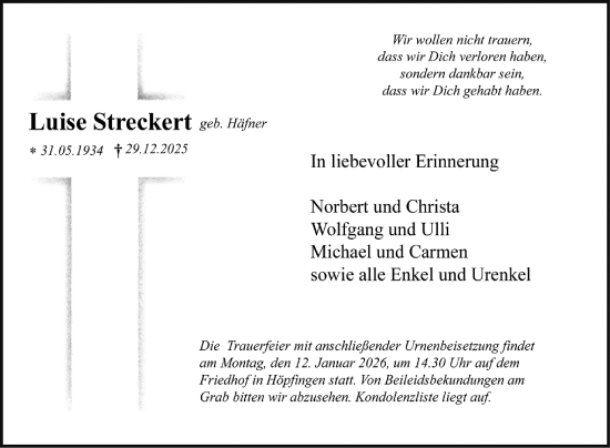 Traueranzeige von Luise Streckert von Fränkische Nachrichten