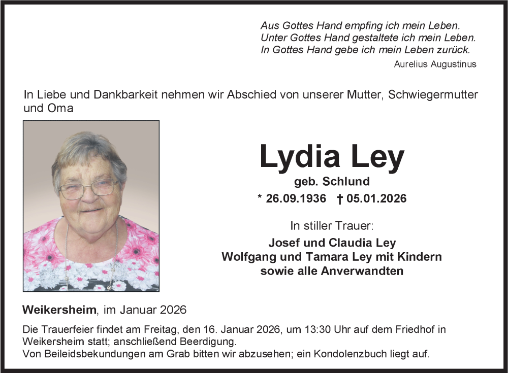  Traueranzeige für Lydia Ley vom 13.01.2026 aus Fränkische Nachrichten