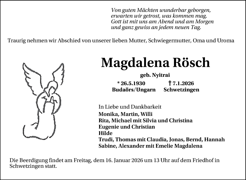  Traueranzeige für Magdalena Rösch vom 12.01.2026 aus 