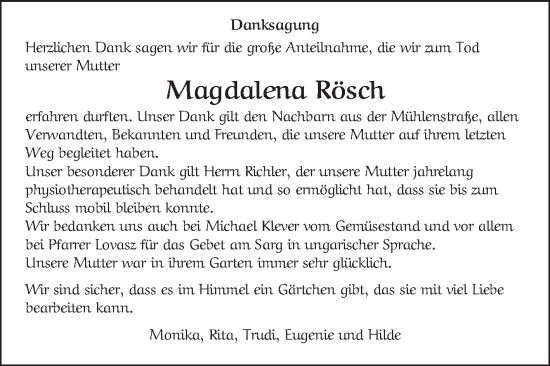Traueranzeige von Magdalena Rösch von Schwetzinger Zeitung