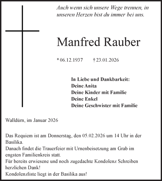 Traueranzeige von Manfred Rauber von Fränkische Nachrichten