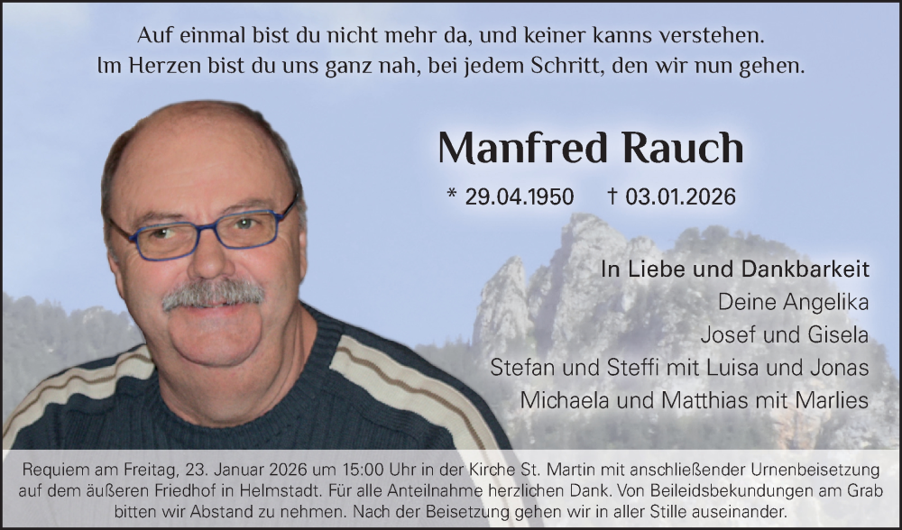  Traueranzeige für Manfred Rauch vom 17.01.2026 aus Fränkische Nachrichten