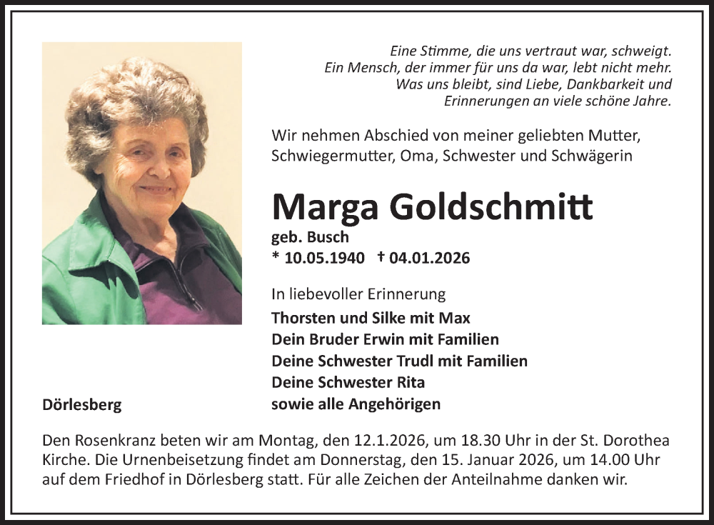  Traueranzeige für Marga Goldschmitt vom 10.01.2026 aus Fränkische Nachrichten