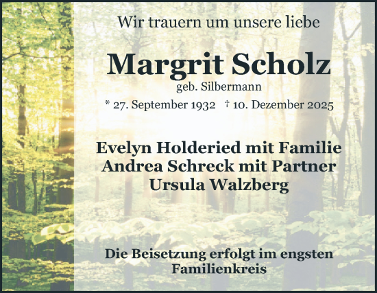 Traueranzeige von Margrit Scholz von Schwetzinger Zeitung