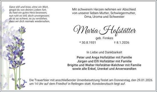 Traueranzeige von Maria Hofstätter von Schwetzinger Zeitung