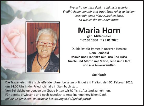 Traueranzeige von Maria Horn von Fränkische Nachrichten