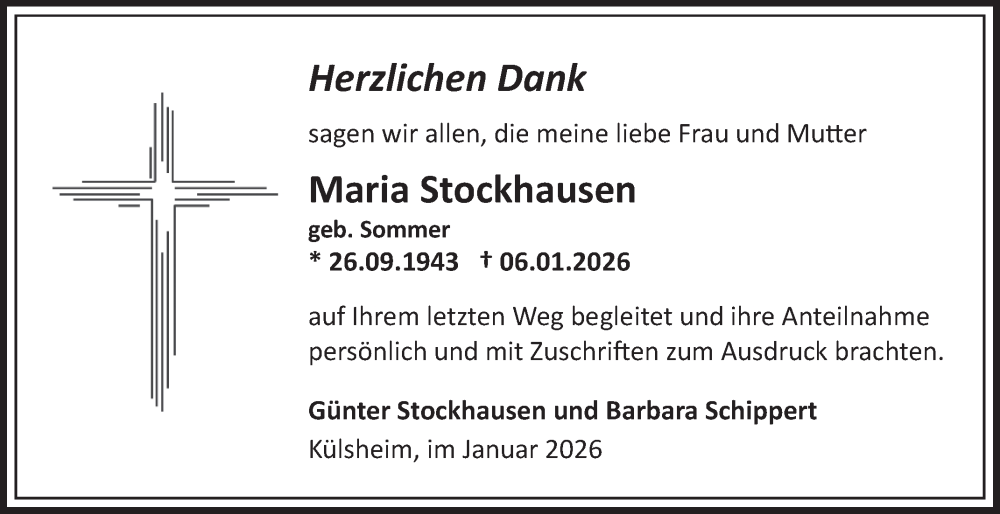  Traueranzeige für Maria Stockhausen vom 31.01.2026 aus Fränkische Nachrichten