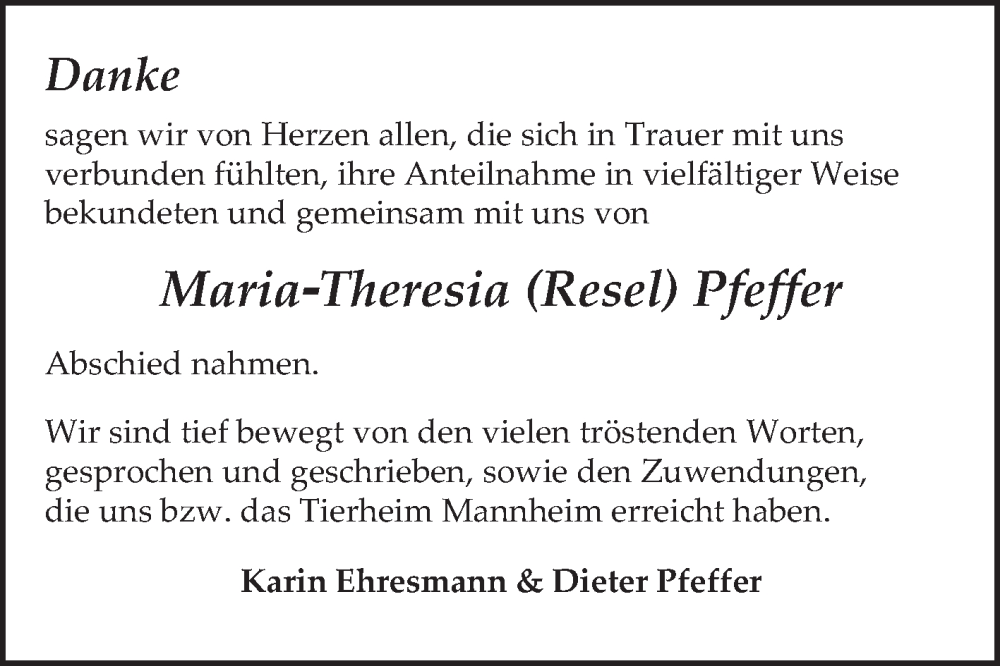  Traueranzeige für Maria-Theresia Pfeffer vom 24.01.2026 aus Mannheimer Morgen