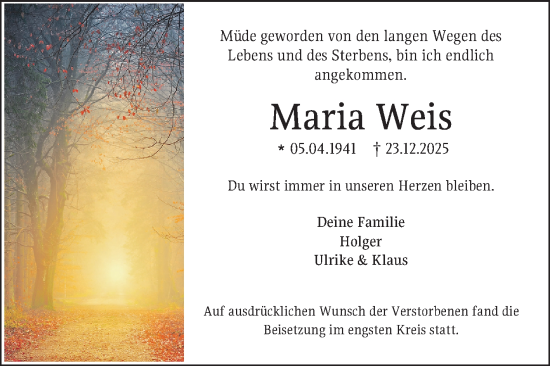Traueranzeige von Maria Weis von Mannheimer Morgen
