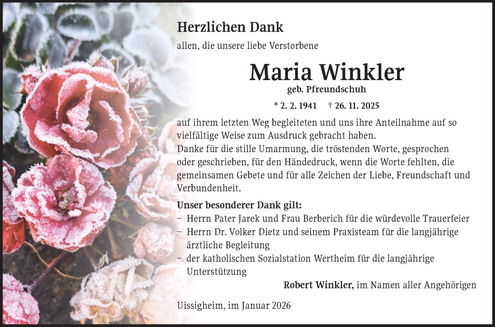  Traueranzeige für Maria Winkler vom 17.01.2026 aus Fränkische Nachrichten