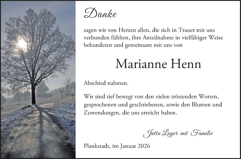  Traueranzeige für Marianne Henn vom 31.01.2026 aus Schwetzinger Zeitung