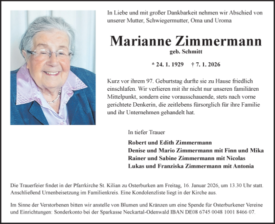 Traueranzeige von Marianne Zimmermann von Fränkische Nachrichten