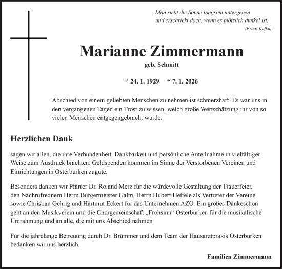 Traueranzeige von Marianne Zimmermann von Fränkische Nachrichten
