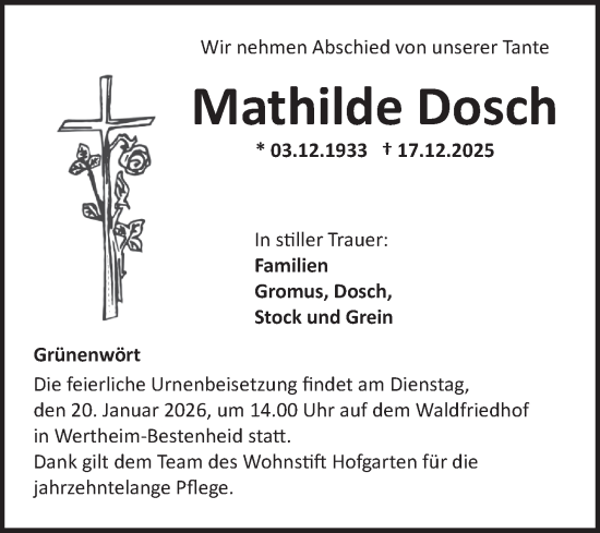 Traueranzeige von Mathilde Dosch von Fränkische Nachrichten