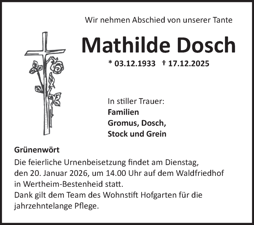  Traueranzeige für Mathilde Dosch vom 10.01.2026 aus Fränkische Nachrichten