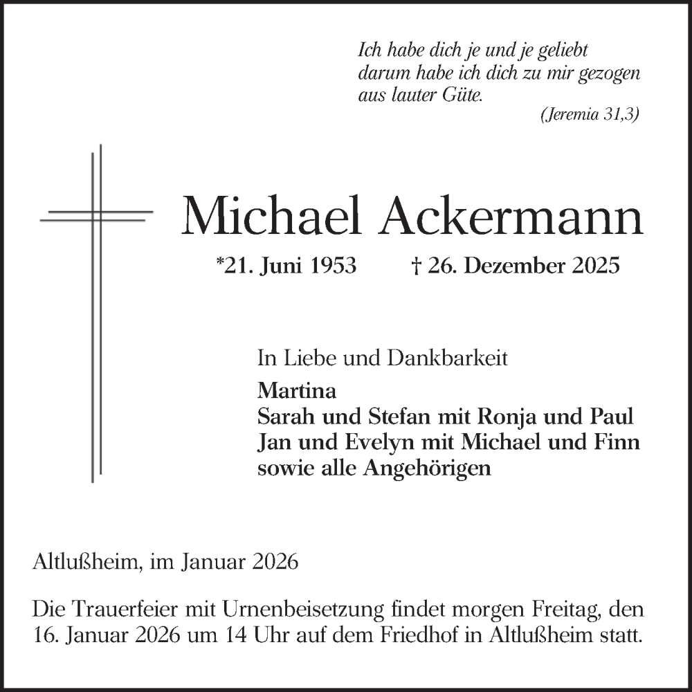  Traueranzeige für Michael Ackermann vom 15.01.2026 aus Schwetzinger Zeitung