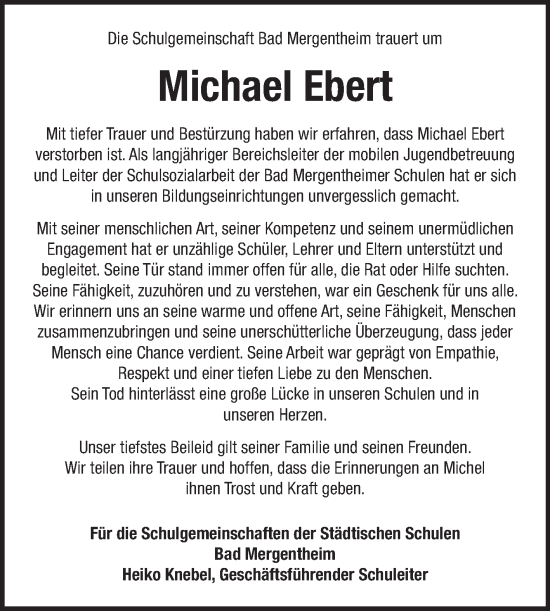 Traueranzeige von Michael Ebert von Fränkische Nachrichten