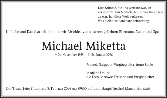 Traueranzeige von Michael Miketta von Mannheimer Morgen