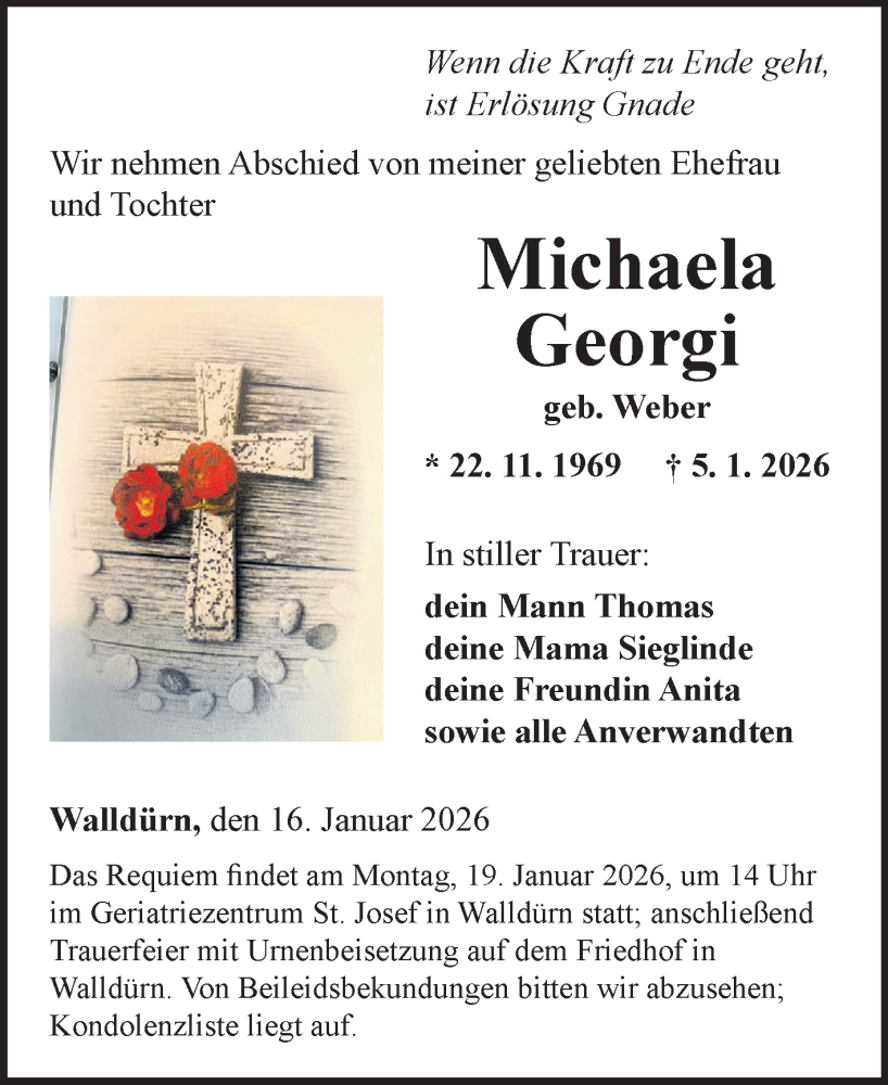  Traueranzeige für Michaela Georgi vom 16.01.2026 aus Fränkische Nachrichten