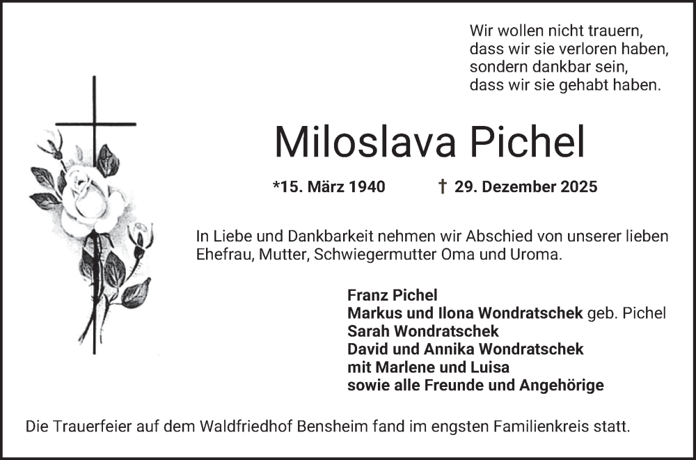  Traueranzeige für Miloslava Pichel vom 31.01.2026 aus Bergsträßer Anzeiger