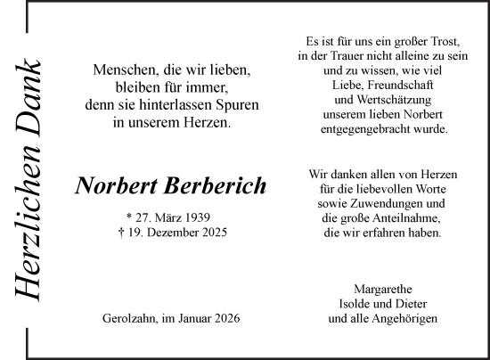 Traueranzeige von Norbert Berberich von Fränkische Nachrichten