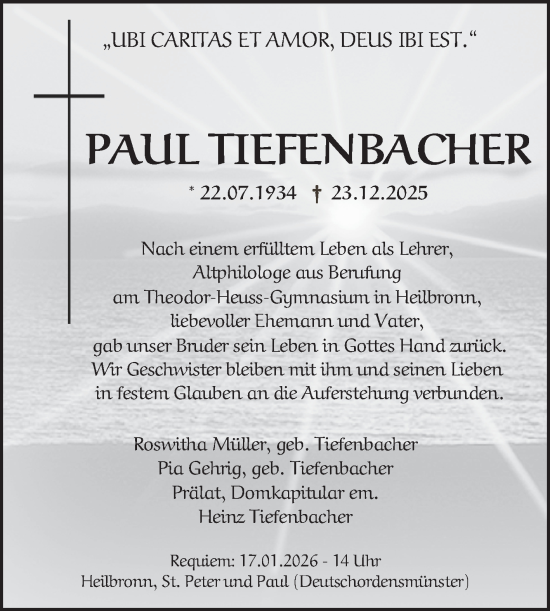 Traueranzeige von Paul Tiefenbacher von Fränkische Nachrichten