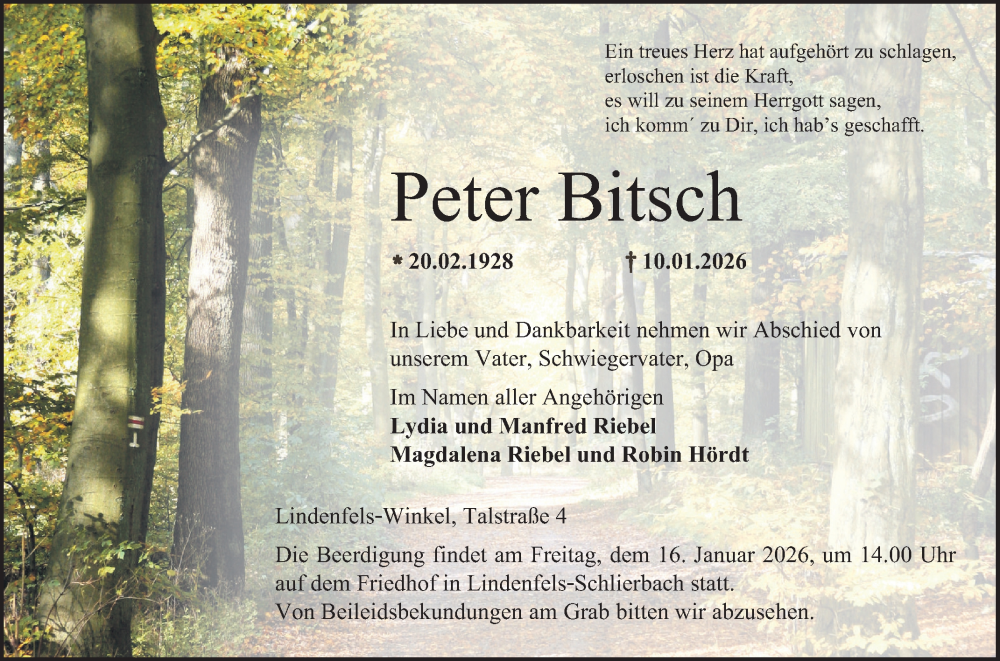  Traueranzeige für Peter Bitsch vom 13.01.2026 aus Bergsträßer Anzeiger