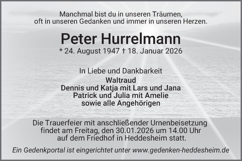  Traueranzeige für Peter Hurrelmann vom 24.01.2026 aus Mannheimer Morgen