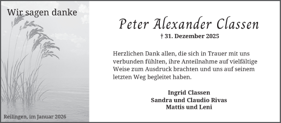Traueranzeige von Peter Alexander Classen von Schwetzinger Zeitung