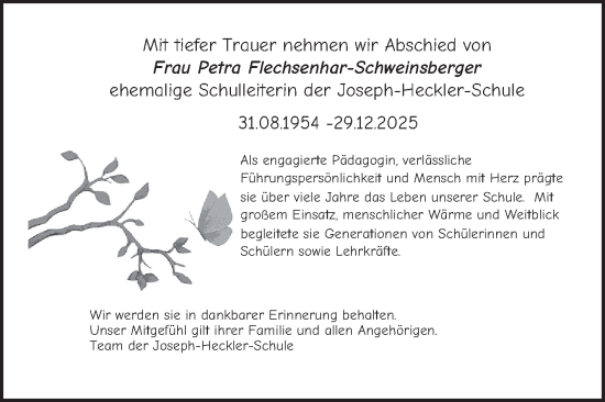 Traueranzeige von Petra Flechsenhar-Schweinsberger von Bergsträßer Anzeiger