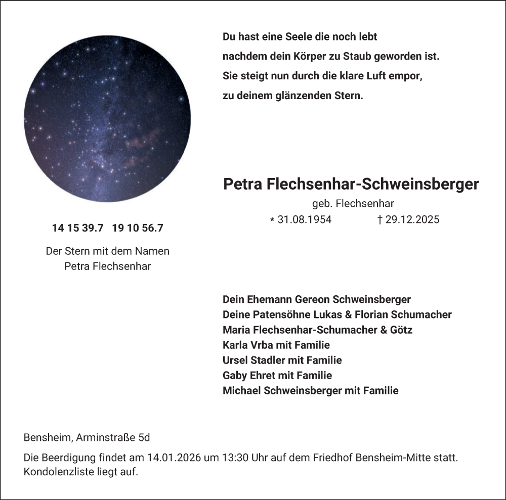  Traueranzeige für Petra Flechsenhar-Schweinsberger vom 10.01.2026 aus Bergsträßer Anzeiger