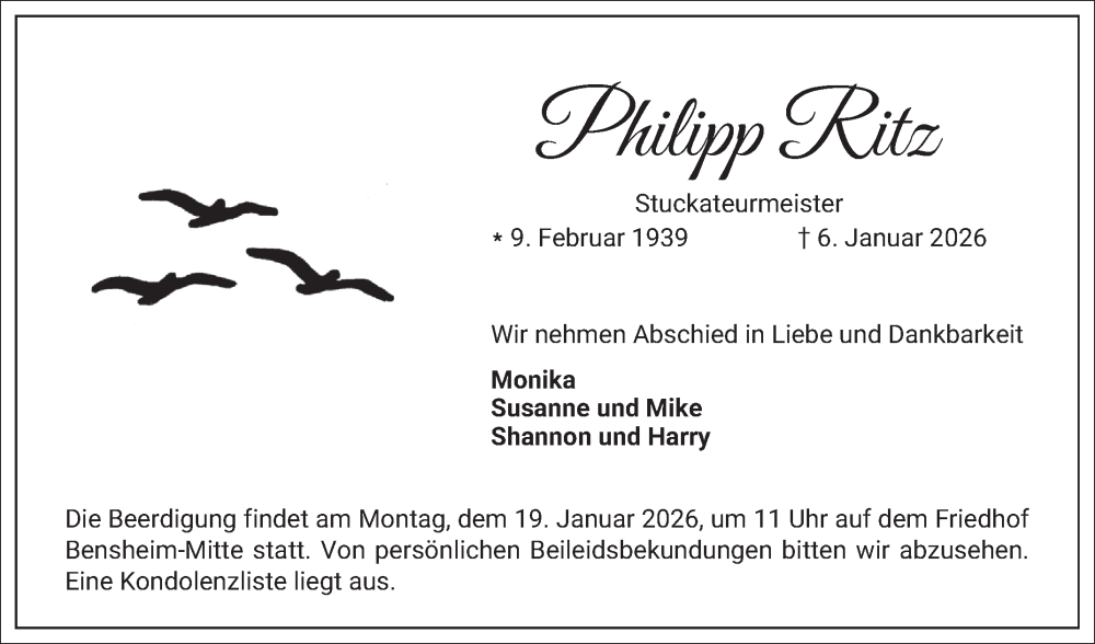  Traueranzeige für Philipp Ritz vom 17.01.2026 aus Bergsträßer Anzeiger