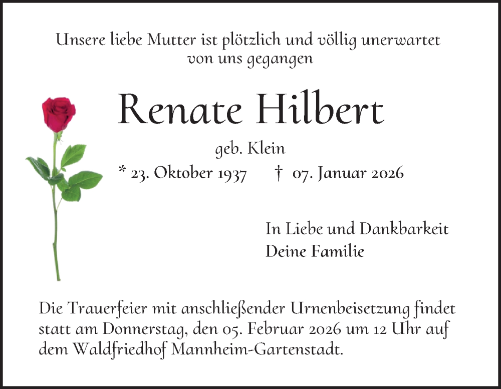  Traueranzeige für Renate Hilbert vom 31.01.2026 aus Mannheimer Morgen