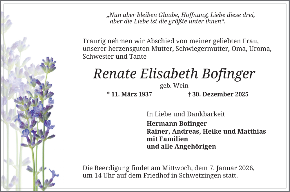  Traueranzeige für Renate Elisabeth Bofinger vom 03.01.2026 aus Schwetzinger Zeitung