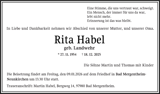 Traueranzeige von Rita Habel von Fränkische Nachrichten