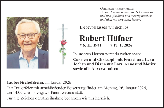 Traueranzeige von Robert Häfner von Fränkische Nachrichten